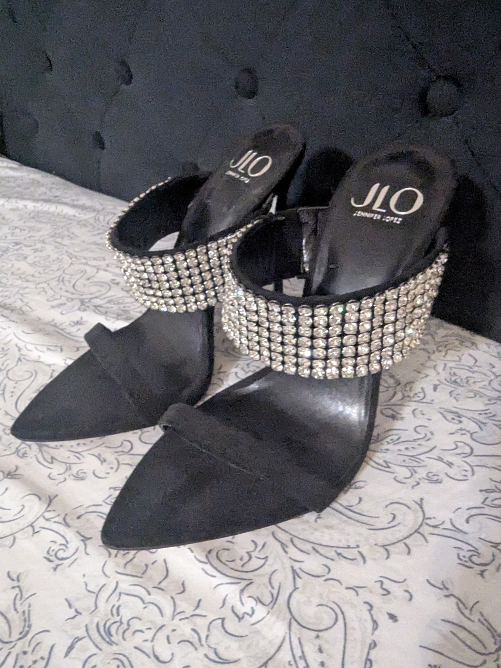 Jennifer Lopez Black Pointed-Toe Crystal Strap Heels